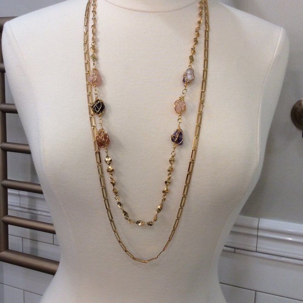 Vintage Shiny Gold Double Chain with Colorful Stones Necklace